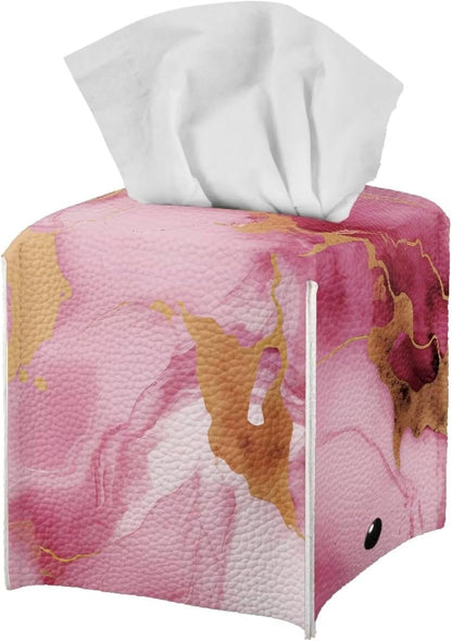 Tissue Box Cover Decorative Holder PU Leather Square Novelty Case Dispenser for End Table, Office Desk, Nightstand, Home Decoration, Pink Marble