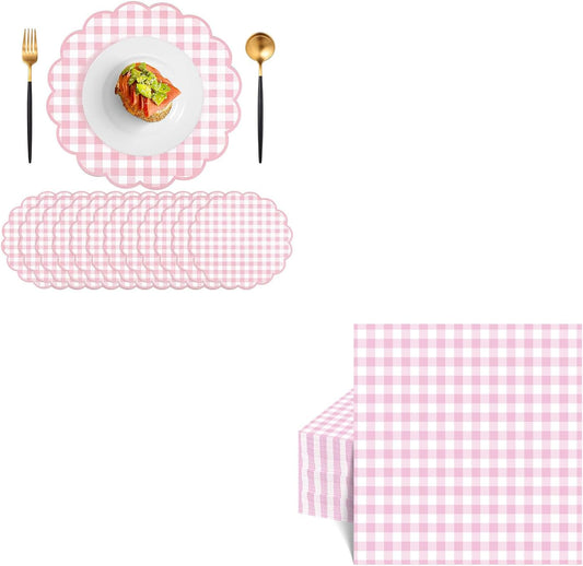 60 Pcs Pink and White Gingham Paper Placemats and 80 Pcs Pink Gingham Napkins