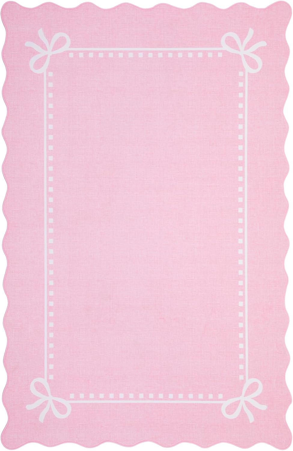 Garvee Scalloped Bow Rug 3x5, Soft Washable Area Rugs for Living Room Bedroom, Non Slip Faux Wool Low Pile Nursery Decor, Farmhouse Boho Rugs, Machine Washable, Pink