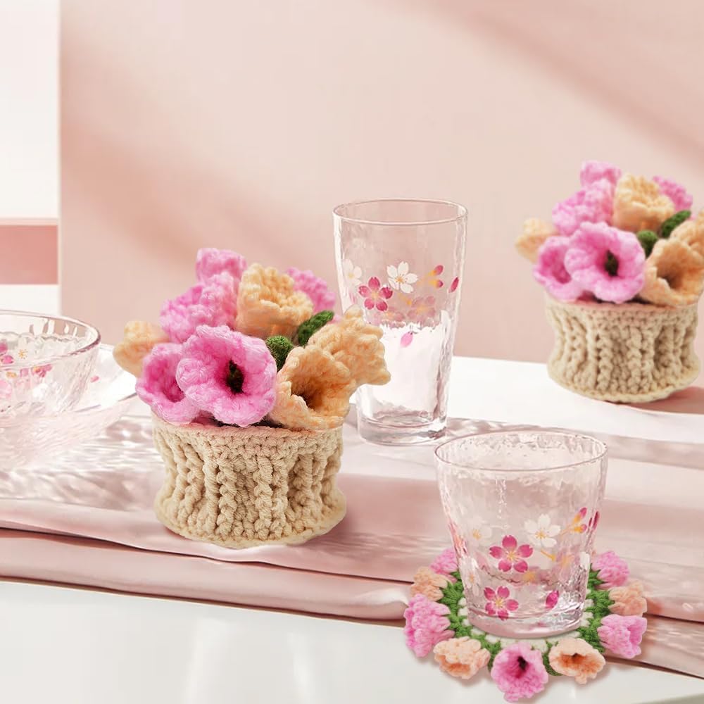 Crochet Coasters with Knitted Flowers: Completed Bar Coaster Flower Pot for Office Coffee Table Home Decor (Pink Lily of The Valley)
