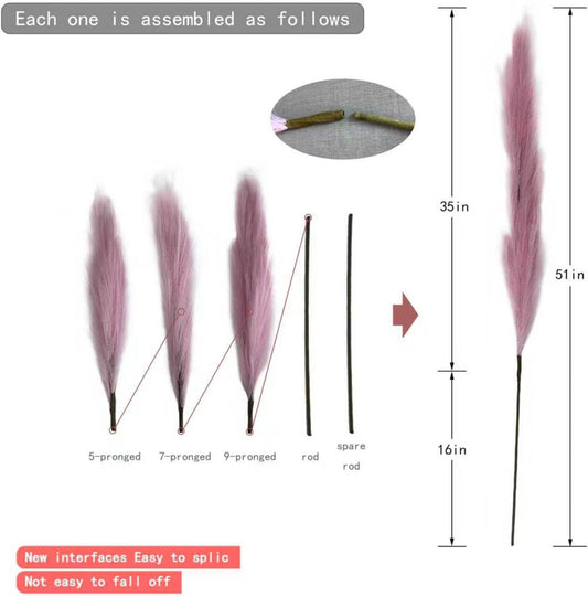 Faux Pampas Grass 3PCS Tall 51'' for Floor Vase Dried Pampas Grass Decor Living Room Decor and Accessories Fluffy Artificial Home Decor (Pink)