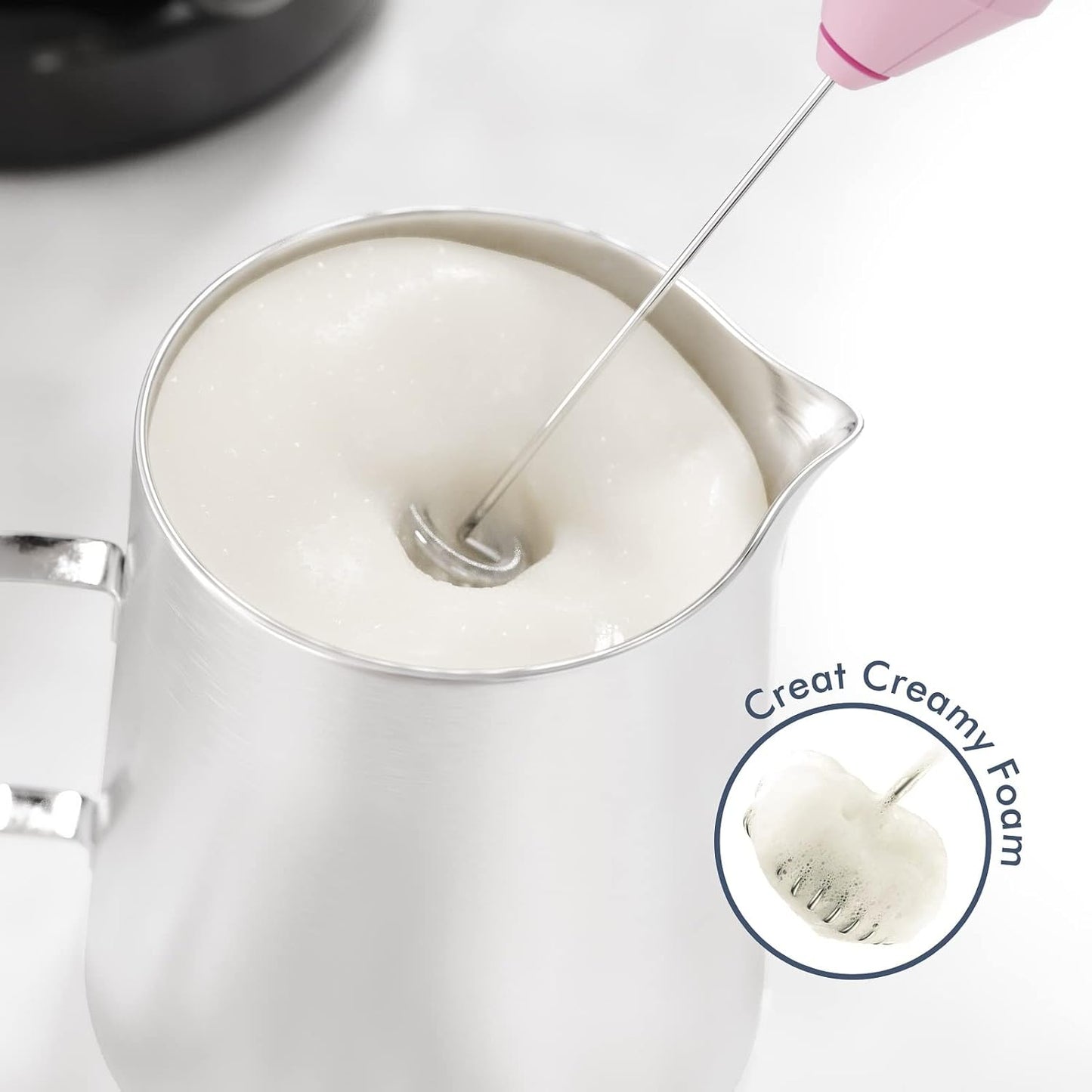 Powerful Milk Frother Handheld Foam Maker, Mini Whisk Drink Mixer for Coffee, Cappuccino, Latte, Matcha, Hot Chocolate, With Stand, Pink