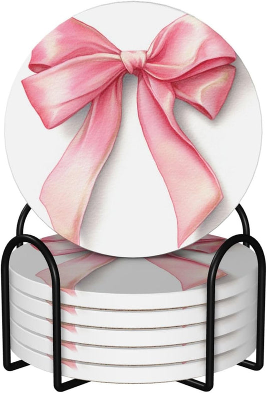 Watercolor Light Pastel Pink Ribbon Bow Ceramic Coasters with Holder Set of 6 Coffee Cup Drink Coasters