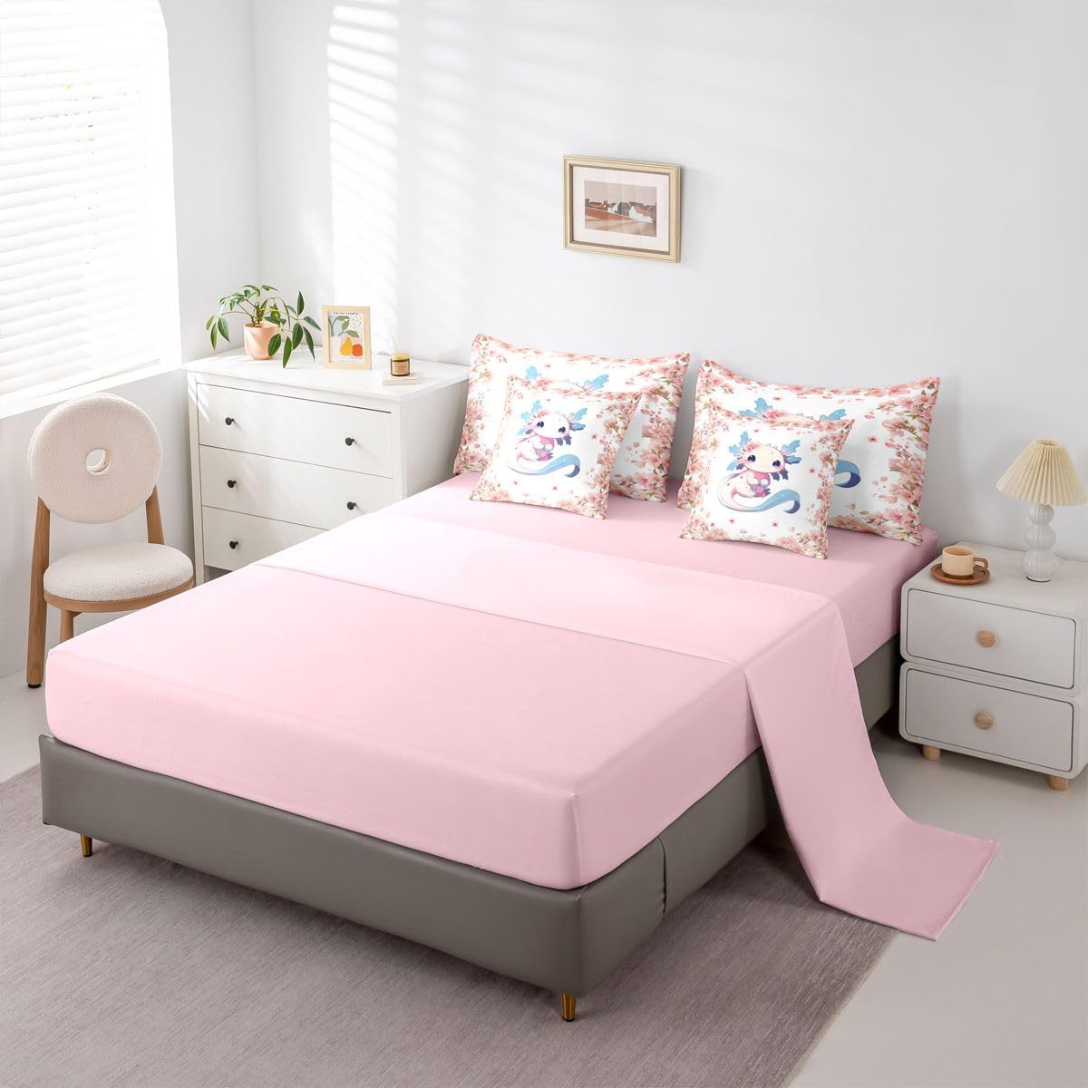 Erosebridal Blue Axolotl 7 Piece Bedding Set Twin Cartoon Salamander Animal Comforter Set with Sheets Peach Blossoms Bed in a Bag Pink Romantic Bed Sets Comforter