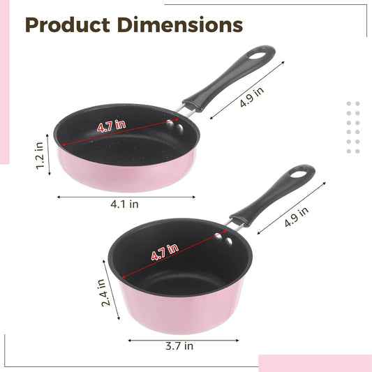 2 Pcs Mini Cookware Set, 4.7 in Nonstick Frying Pan and Milk Pot with Hanging Holes, Pink Portable Single Serving Cooking Kit for RV, Dorm, and Camping Use, Lightweight Small Pan Set