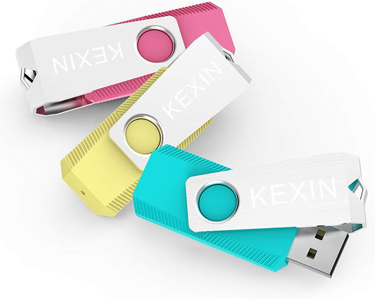 KEXIN Flash Drive 64GB 3 Pack 64 GB Thumb Drive Swivel Pen Drive Data Storage USB Stick with LED Indicator 64G Pink Yellow Cyan