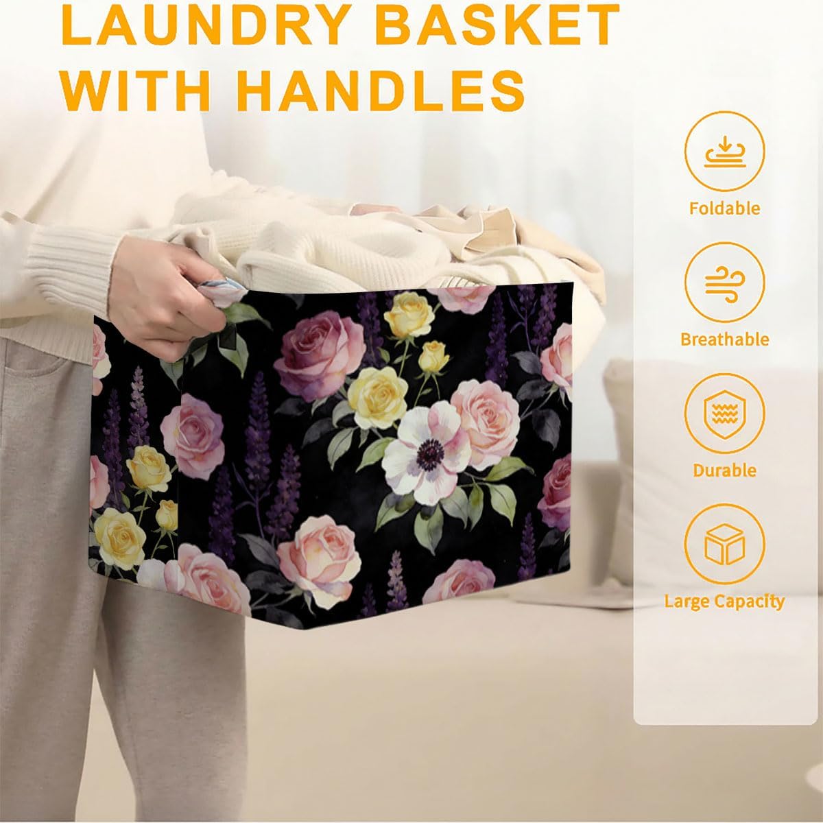 56L Pink Floral Foldable Square Laundry Hamper with Handles – Large Clothes, Blanket & Toy Storage Basket for Home Organization.