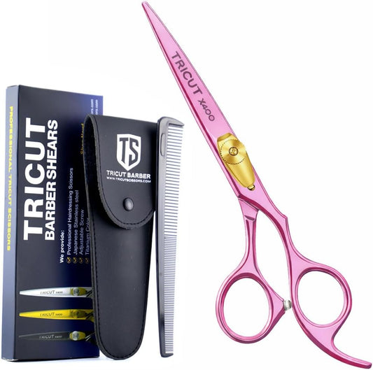 X400 Professional Barber Scissors 6.5” – Pink Hair Cutting Shears for Men & Women Japanese Stainless Steel, Adjustable Tension Screw, Ergonomic Handle Includes Comb & Leather Case