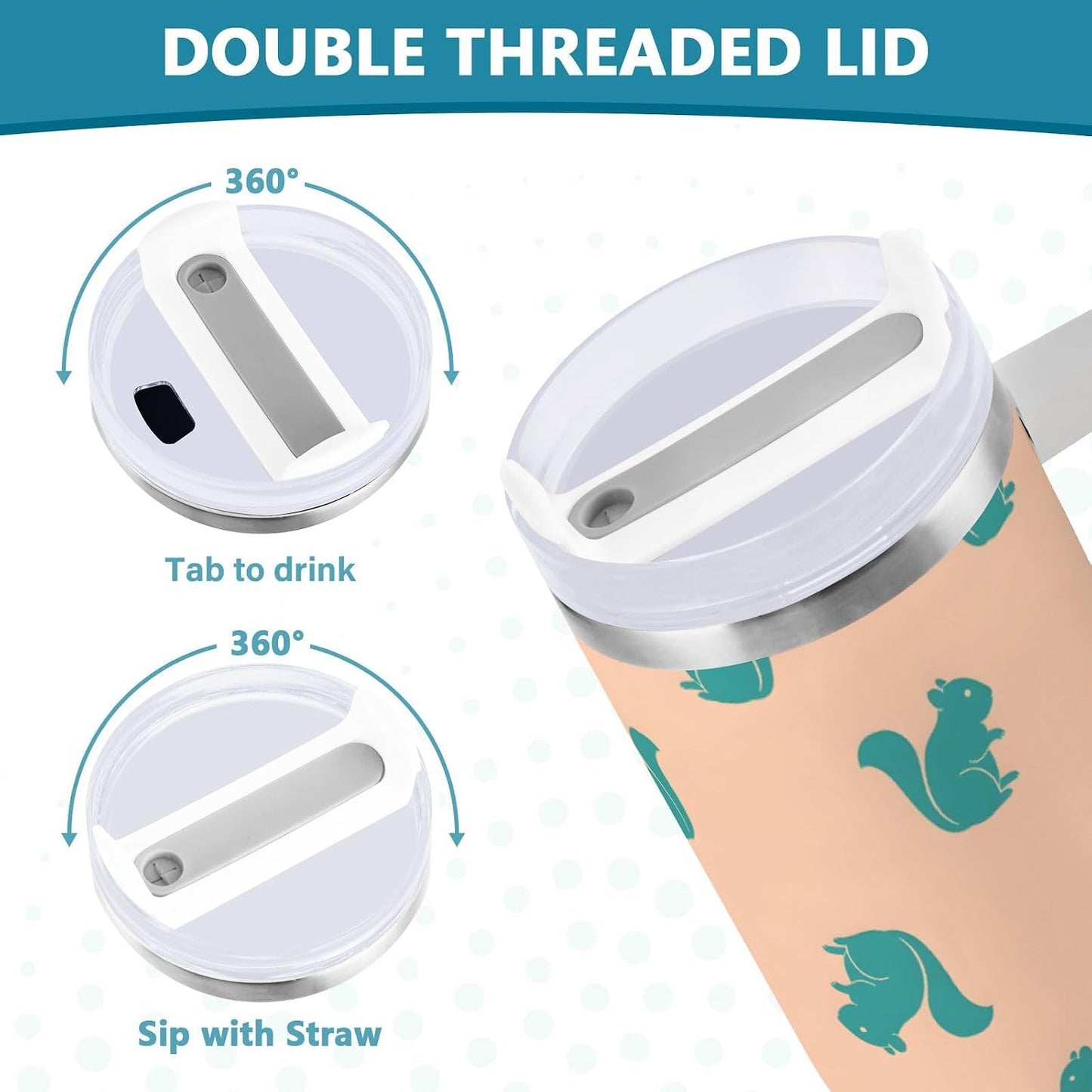40 oz tumbler with handle and straw Blue Squirrel Pattern on Peach Stainless Steel Tumbler Leakproof Water Bottle Vacuum Insulated Cups With Lid Travel Mug For Car Cup Holder,