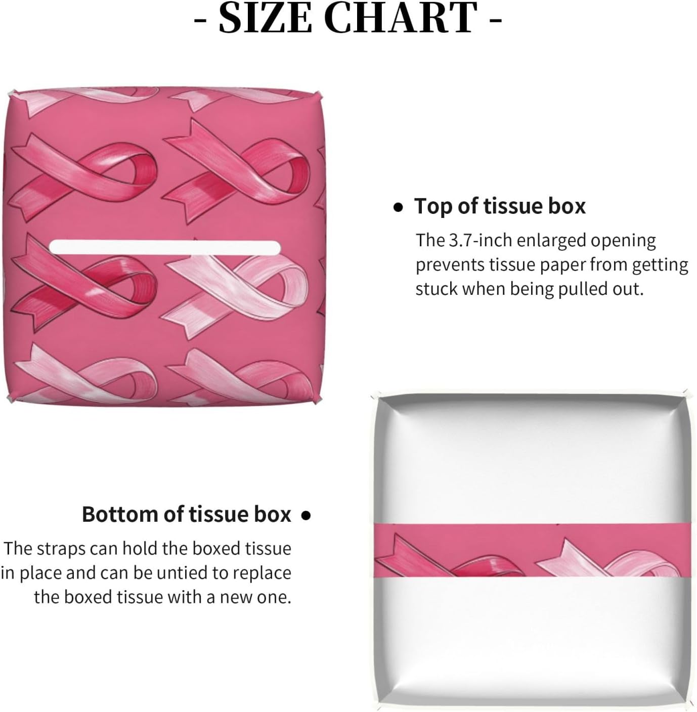Pink Ribbon Print Tissue Box Cover Holder Cube, Foldable Leather Tissue Box Cover Square, Modern Decorative Organizer for Tabletop Bathroom Car Office Desk Decor