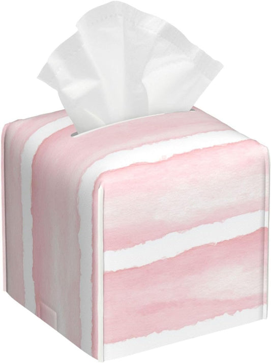 Pastel Pink Watercolor Wide Stripe Pattern Tissue Box Cover Square Pu Leather Waterproof Tissue Box Holder for Car Bathroom Bedroom Office Tabletop Decor