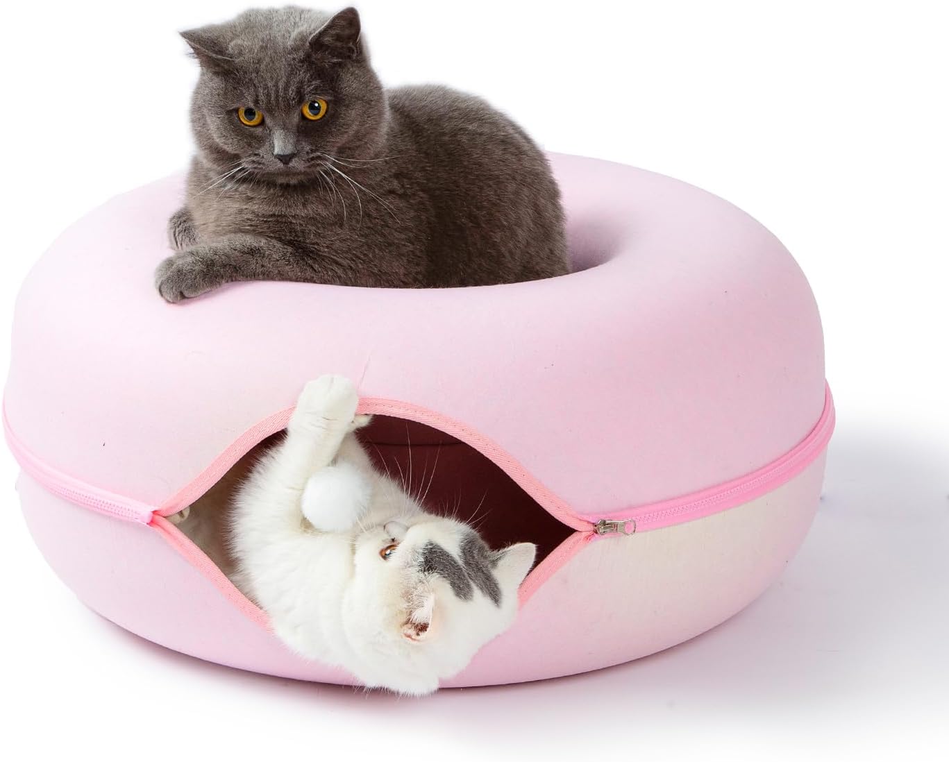Peekaboo Cat Tunnel for Large Cats up to 30 lbs, Features A Jingle Ball, Removable and Washable Tunnel Bed, and a Cozy Donut Tunnel (Pink, 24 Inches)