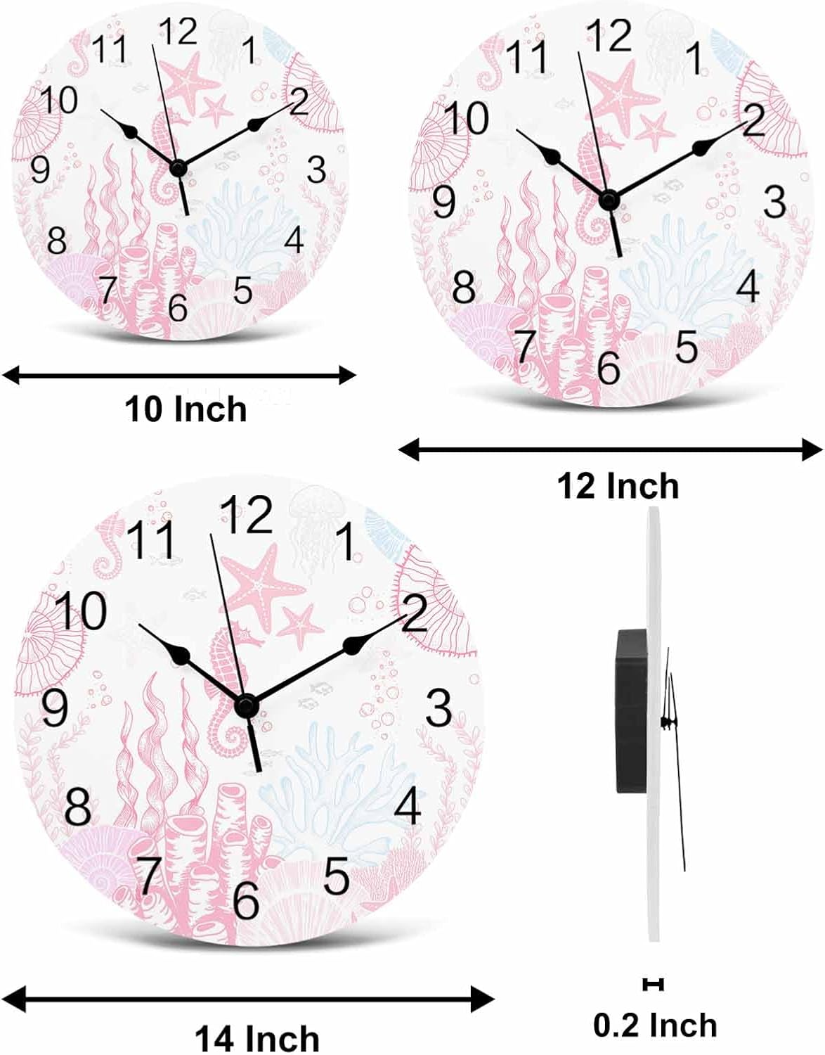 Wall Clock Pink Coral Clocks PVC Silent Non-Ticking Battery Operated Decorative Starfish Seahorse Seahorse Shell Round Clock for Home Living Room Kitchen Bedroom Office School Wall Decor 10 Inch