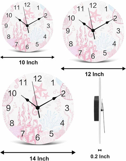 Wall Clock Pink Coral Clocks PVC Silent Non-Ticking Battery Operated Decorative Starfish Seahorse Seahorse Shell Round Clock for Home Living Room Kitchen Bedroom Office School Wall Decor 10 Inch