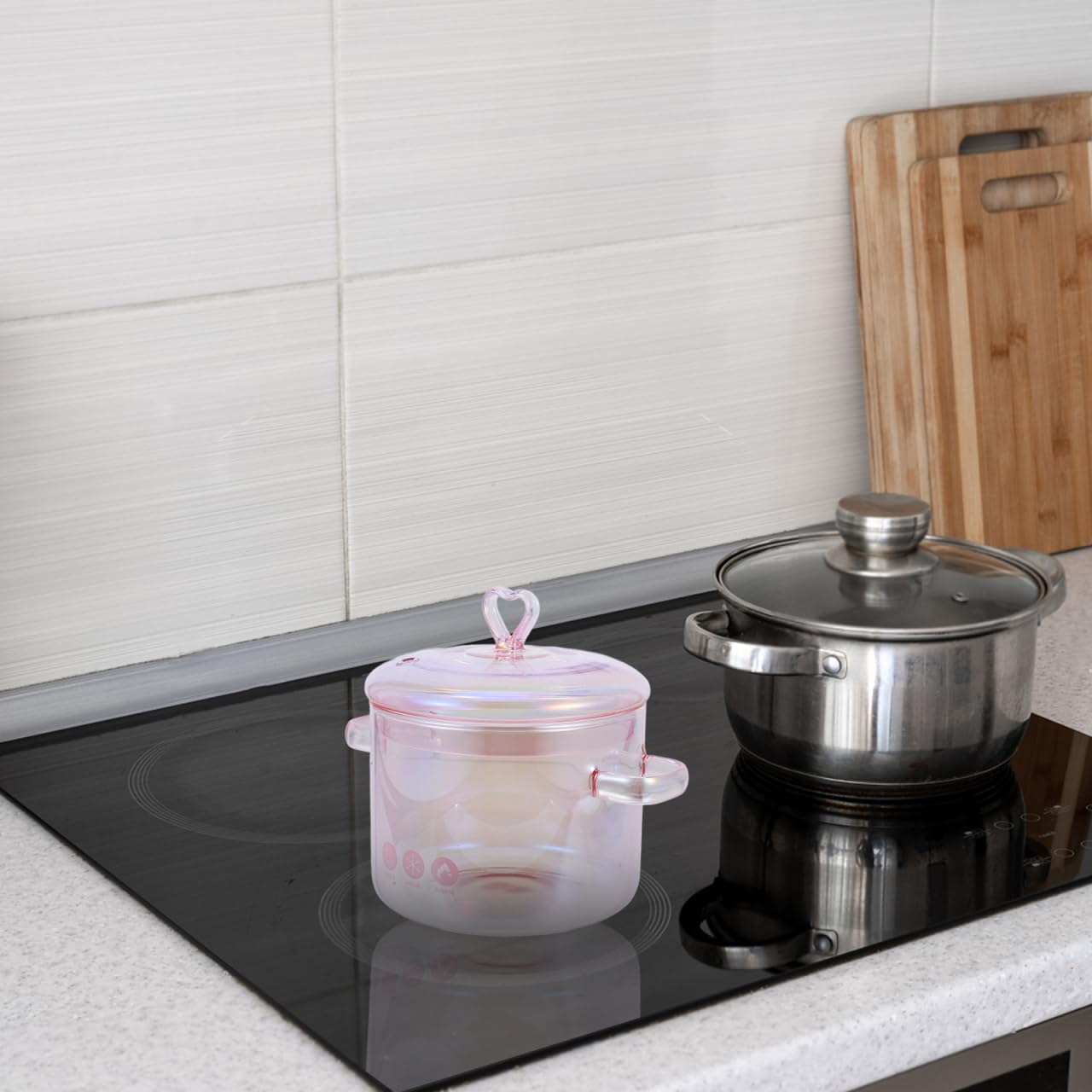 ERINGOGO Glass Cooking Pot with Cover and Handle - 1.5L/50oz Stovetop Cooking Pot with Lid Heat Resistant Glass Saucepan High Borosilicate Glass Cookware Simmer Pot Clear Soup Pot - Pink, 20x15cm