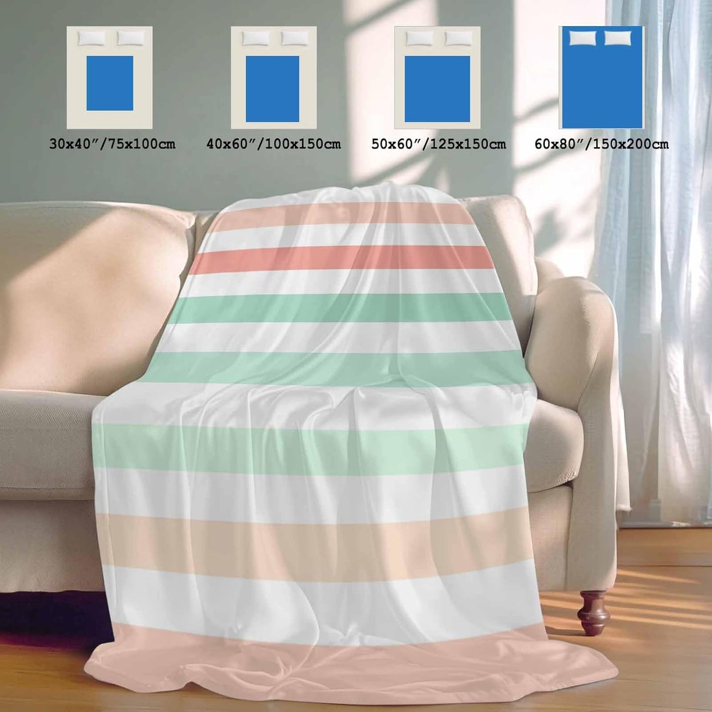 Cooling Throw Blanket for Hot Sleepers, Peach Pink Green Ombre Lightweight Breathable Summer Blanket, Farmhouse Stripe Modern Double-Side Cool Throw Blankets for Sleeping Travel, 30"x40"