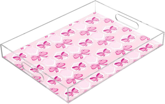 Light Pink Bows Serving Tray 12" x 16" Acrylic Trays with Handles Decorative Serving Platter for Coffee, Breakfast in Bed, Dinner, Appetizers, Patio, Party