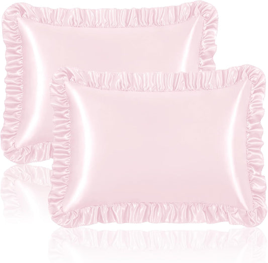 Homiest Ruffle Satin Pillowcase for Hair and Skin, Standard Size Satin Pillow Covers Silky Pillow Cases Set of 2, Satin Ruffled Pillowcase with Envelope Closure, Anti Wrinkle Pillow Shams (Blush Pink)