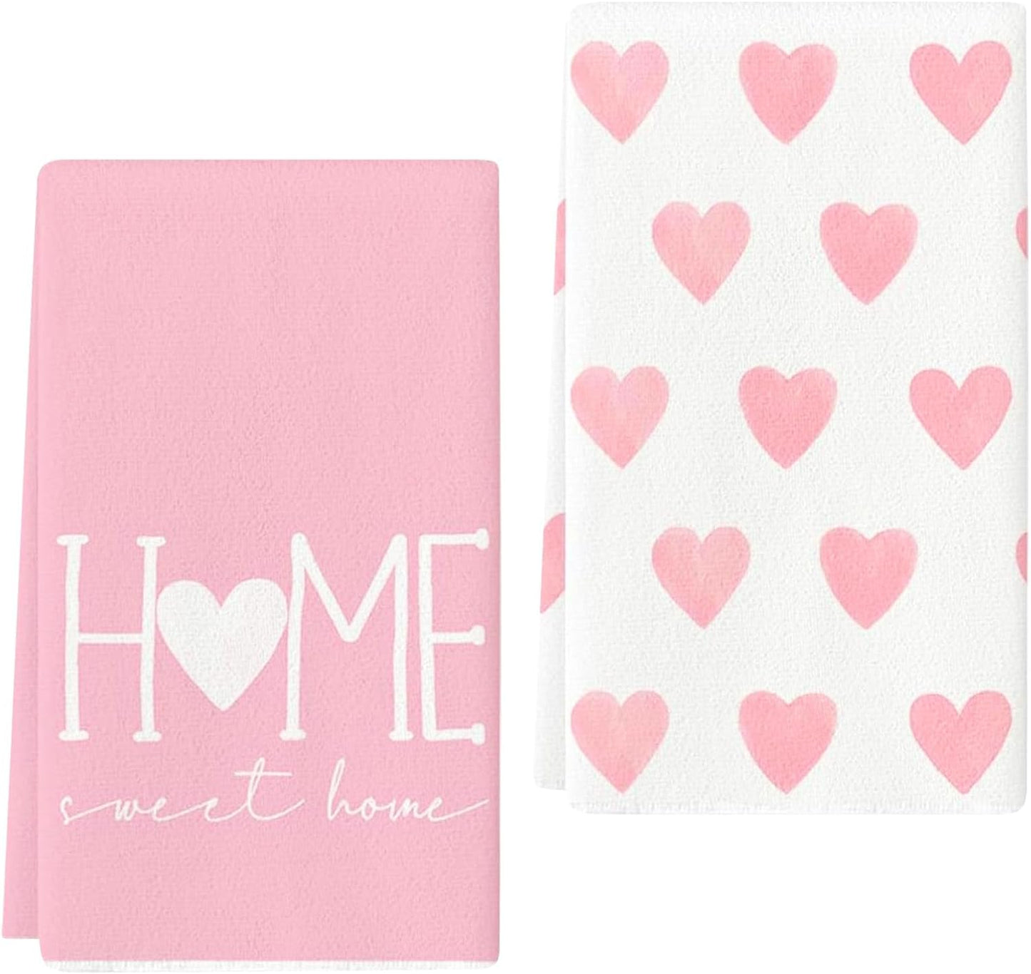 2PCS Pink Heart Love Home Sweet Home Valentine's Kitchen Towels Dish Towels for Wedding Party Anniversary Valentine's Day (16.5x23.6 Inch)