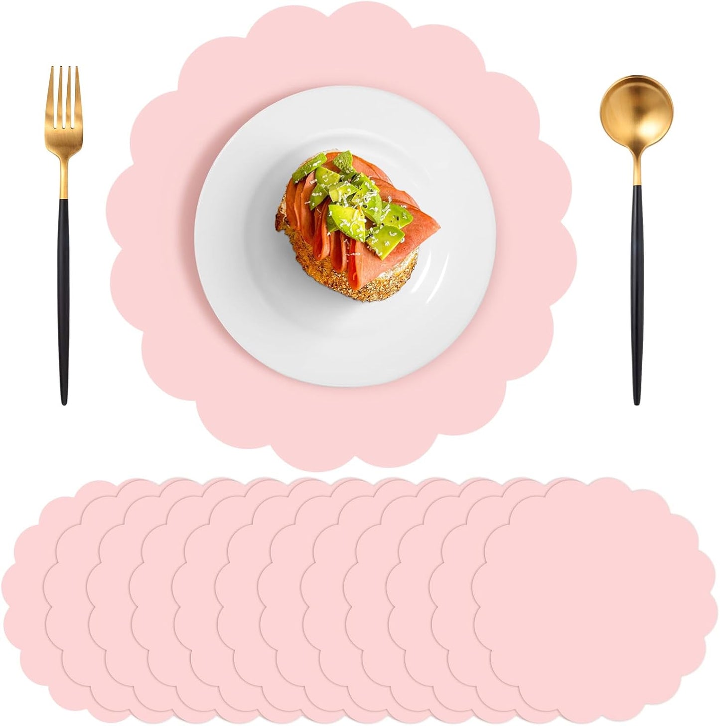 60 Pcs Light Pink Paper Placemats, 13.5 Inch Disposable Scalloped Placemat Round Table Place Mats Decorative Paper for Girls Birthday Wedding Bridal Shower Baby Shower Banquet Tea Party