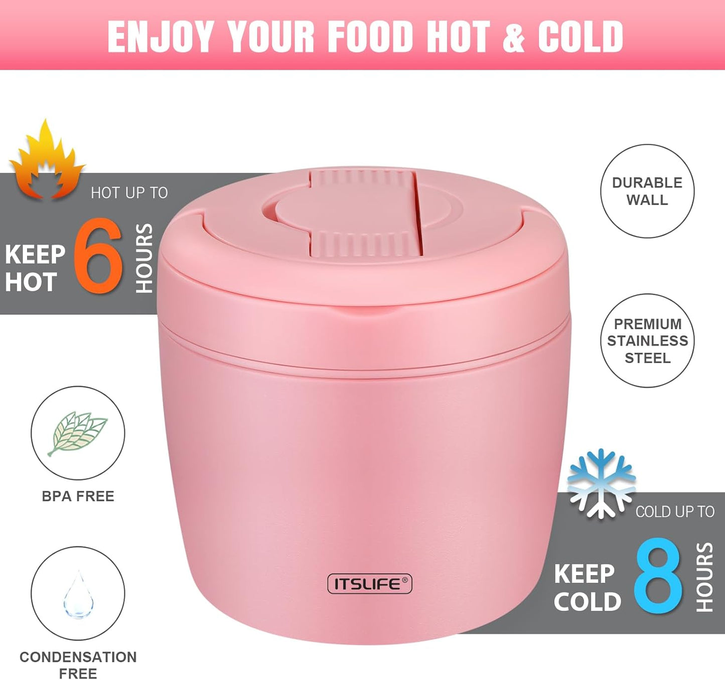 Itslife 32oz Insulated Soup Thermo, Vacuum Stainless Steel Food Jar for Hot & Cold Food, Leakproof Wide Mouth Lunch Container with Spoon (Light Pink)