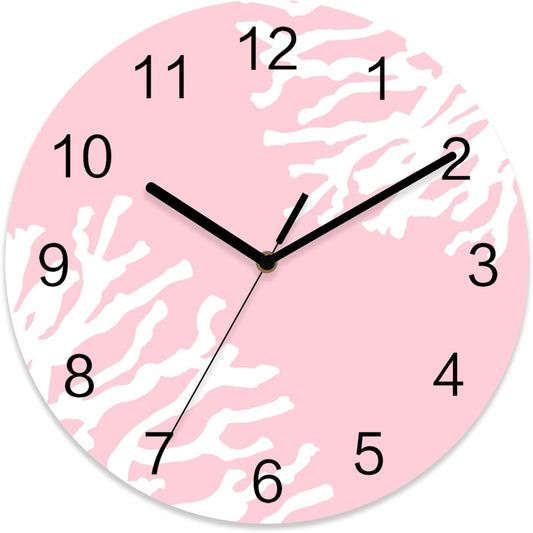 Ocean Wall Clock Battery Operated Non-Ticking 10" Round Wood Clocks, Coral Texture Marine Pink Kitchen Wall Clock for School Bathroom Living Room Home Office Wall Decor