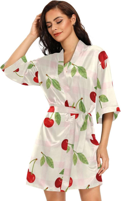 Fresh Cherry Pattern Pink Check Womans Bathrobes Comfy Sleeve Night Shirt for College Dorm