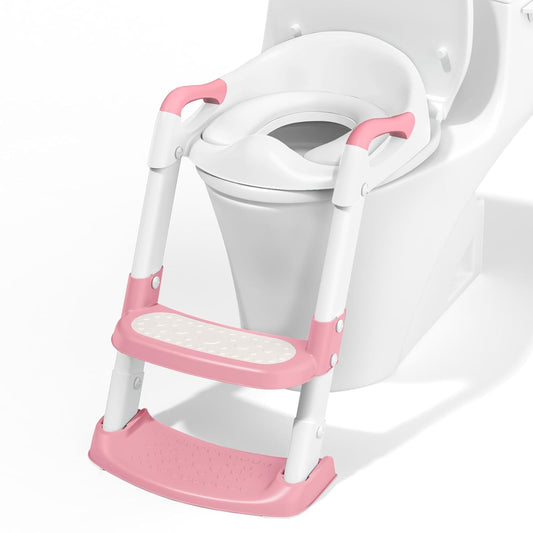 COOSEYA Potty Training Toilet with Step Stool Ladder, Toddler Kids Potty Training Seat for Boys Girls, Foldable Non-Slip Toilet Toddler Seat Splash Guard Soft Cushion Safety Handles (Pink)