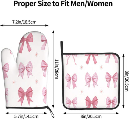 Nine Light Pink Bows Oven Mitts and Pot Holders Sets,Heat Resistant Potholder Kitchen Decor for Cooking Baking BBQ, Oven Glove Set