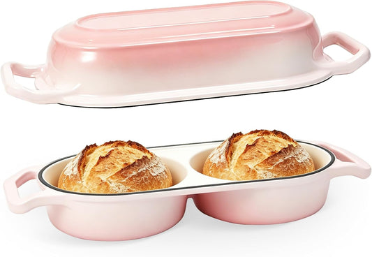 Double Dutch Oven for Sourdough Bread Baking – Enamel Cast Iron Bread Baker, Bake Two Different Artisan Loaves at Once DIY, Multi-Purpose for Bread, Cooking & Roasting, 500°F Oven Safe
