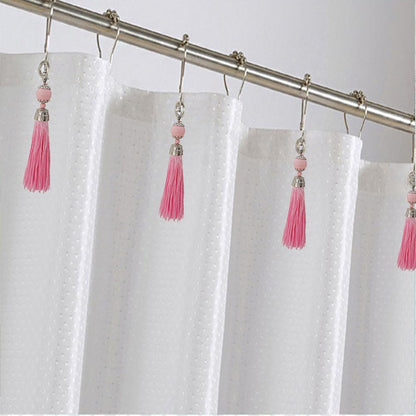 Boho Shower Curtain Hooks Set of 12 for Bathroom, Rustproof Stainless Steel Shower Curtain Rings with Pink Tassel Decorative, Curtain Hanger Clips for Home Bathroom, Bedroom, Baby Room Decor (Pink)
