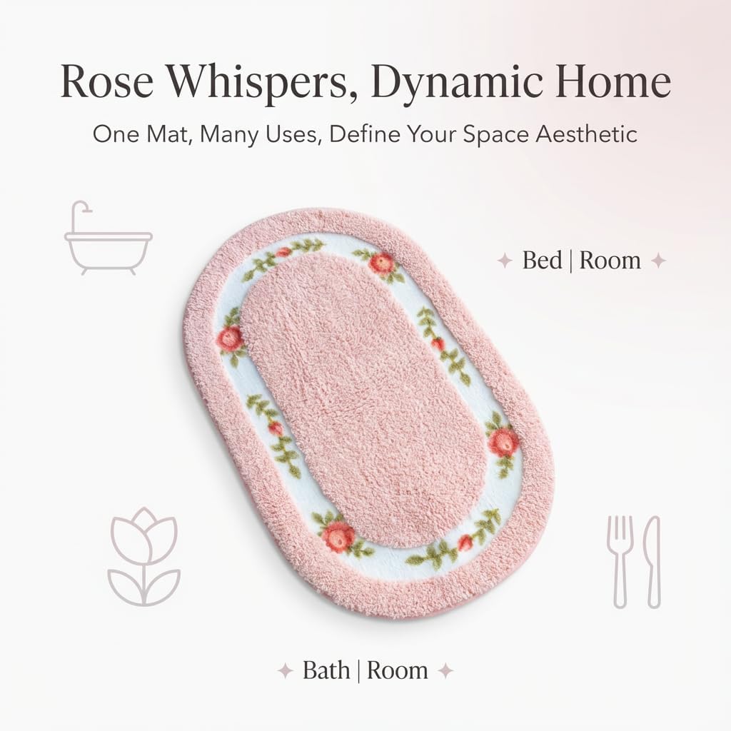 Romantic Rose Flower Pink Bath Mat - Super Soft Non-Slip Absorbent Rose Rug for Bathroom Bedroom Living Room and Entryway (15.7 x 23.6 Inches, Oval)