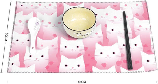 Peach Cat Pattern Placemats Set of 4 - Non-Slip Heat Resistant Place Mats Farmhouse Rustic Table Mats Reusable Hard Canvas Placemat for Dining, Kitchen, Party Indoor/Outdoor Decoration