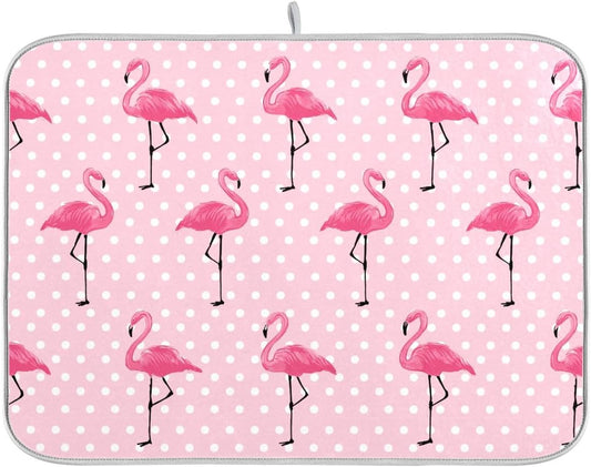 Tarity Cute Pink Flamingo Dish Drying Mat for Kitchen Counter Absorbent Heat Resistant Microfiber Dishes Drainer Mat 16x18 in Dish Pad Sink Mat Protective Pad Kitchen Decor