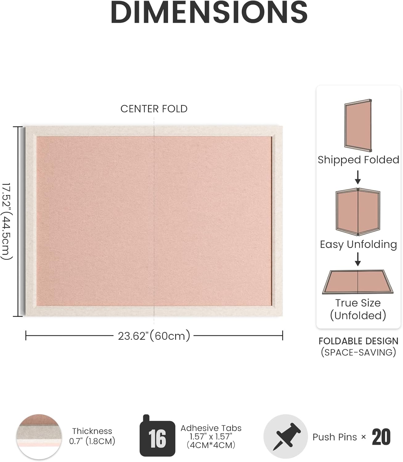 Fluxynara Foldable Cork Board Alternative, Felt Bulletin Board 23.6" x 17.5" Oatmeal Frame with 12 Adhesive Tabs, Pin Board for Home Office, Classroom, Entryway, Kitchen Wall Decor—Pink