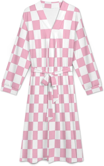 Sleepwear Robe for Women Men - Pink Pastel Checkered Print Lightweight Kimono Bathrobe with Tie Belt