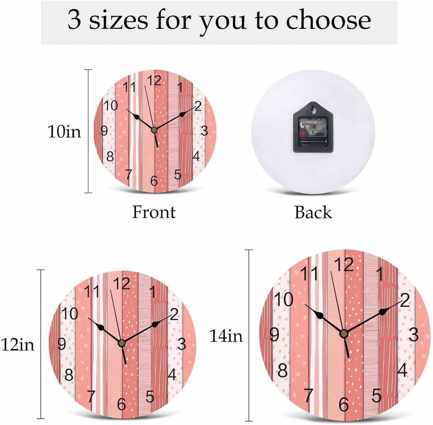 Wall Clock Pink Stripes Clocks PVC Silent Non-Ticking Battery Operated Decorative Coral Polka Dots Striped Grain Round Clock for Home Living Room Kitchen Bedroom Office School Wall Decor 10 Inch
