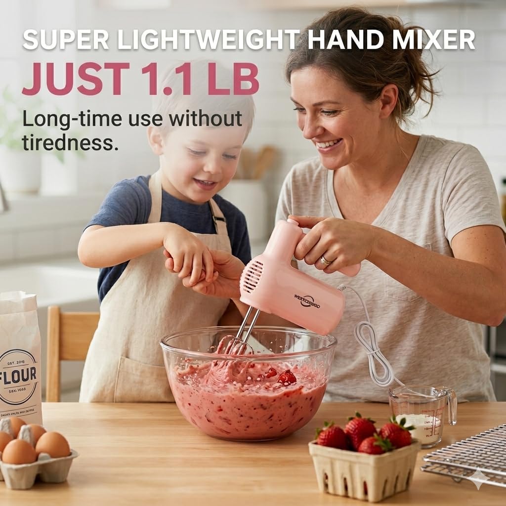 Electric Hand Mixer, 5-Speed Handheld Mixer for Baking Cakes, Eggs, Cream, 150W Turbo Boost Kitchen Mixer, Pink, Gifts for Women Mother