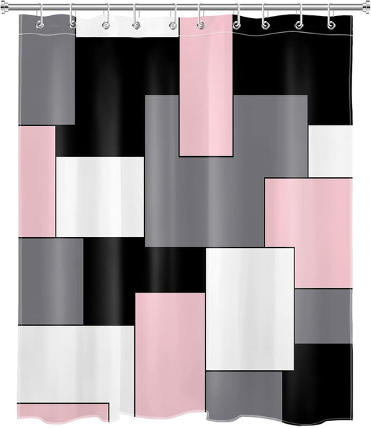HVEST Modern Pink Shower Curtain with Hooks, Grey Black and White Abstract Geometric Shower Curtain for Bathroom, Mid Century Minimalist Bathroom Decor Curtains, 60W X72L inches