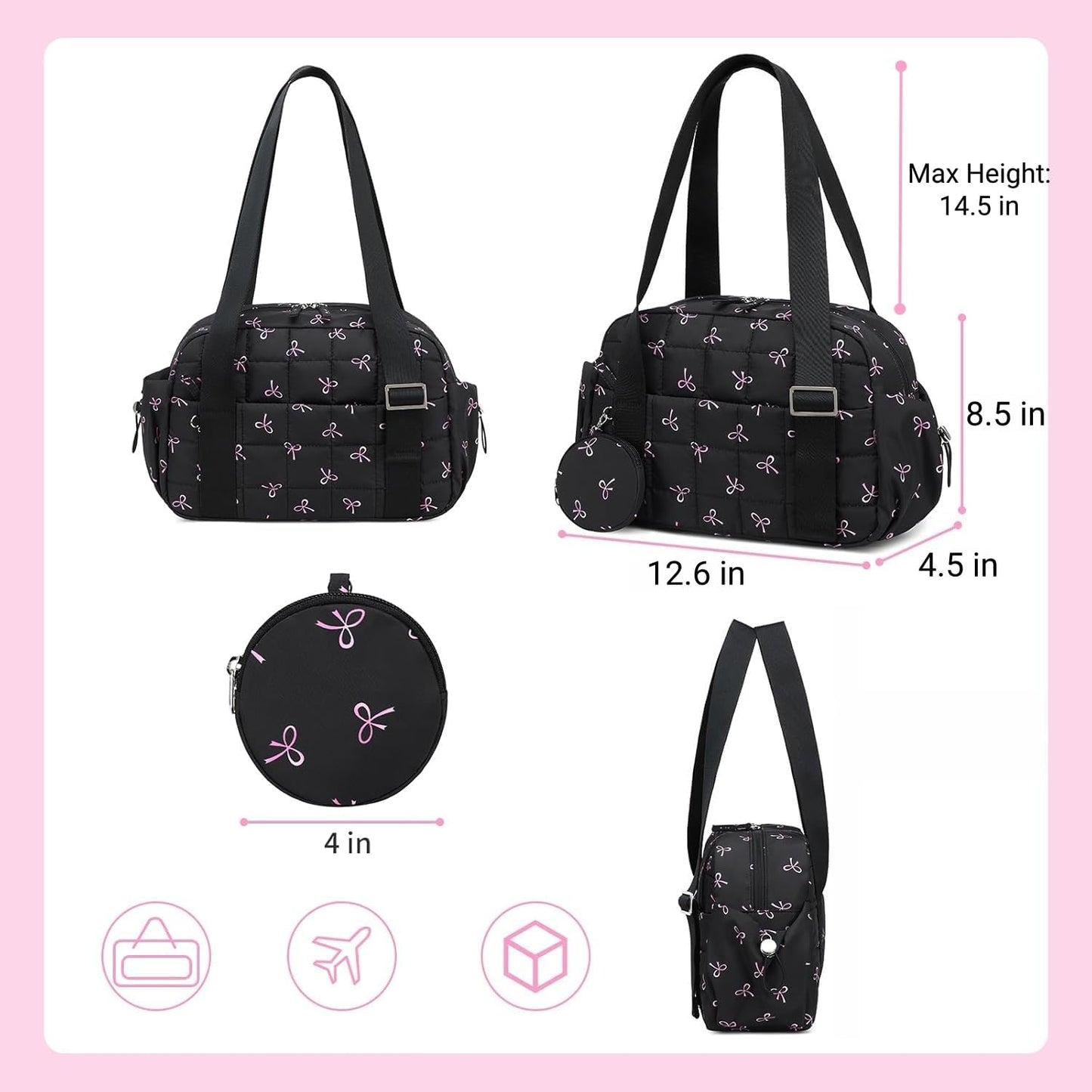 CAMTOP Mini Gym Bag for Women, Small Gym Tote Bag Puffy Quilted Sports Duffel Bag with Wet Compartment and Coin Purse Duffel Bags Dance Yoga Workout Bag for Gifts (Black Pink Bow, Mini-12.6")