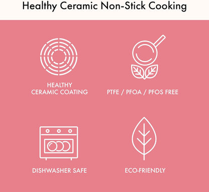 Neoflam Retro 5-Piece Ceramic Nonstick Cookware Set, PFOA Free Pots and Pans with Integrated Steam Vent Lid knob prevents boil over and Heat Resistant Silicone Grips for safer cooking at kitchen, Pink