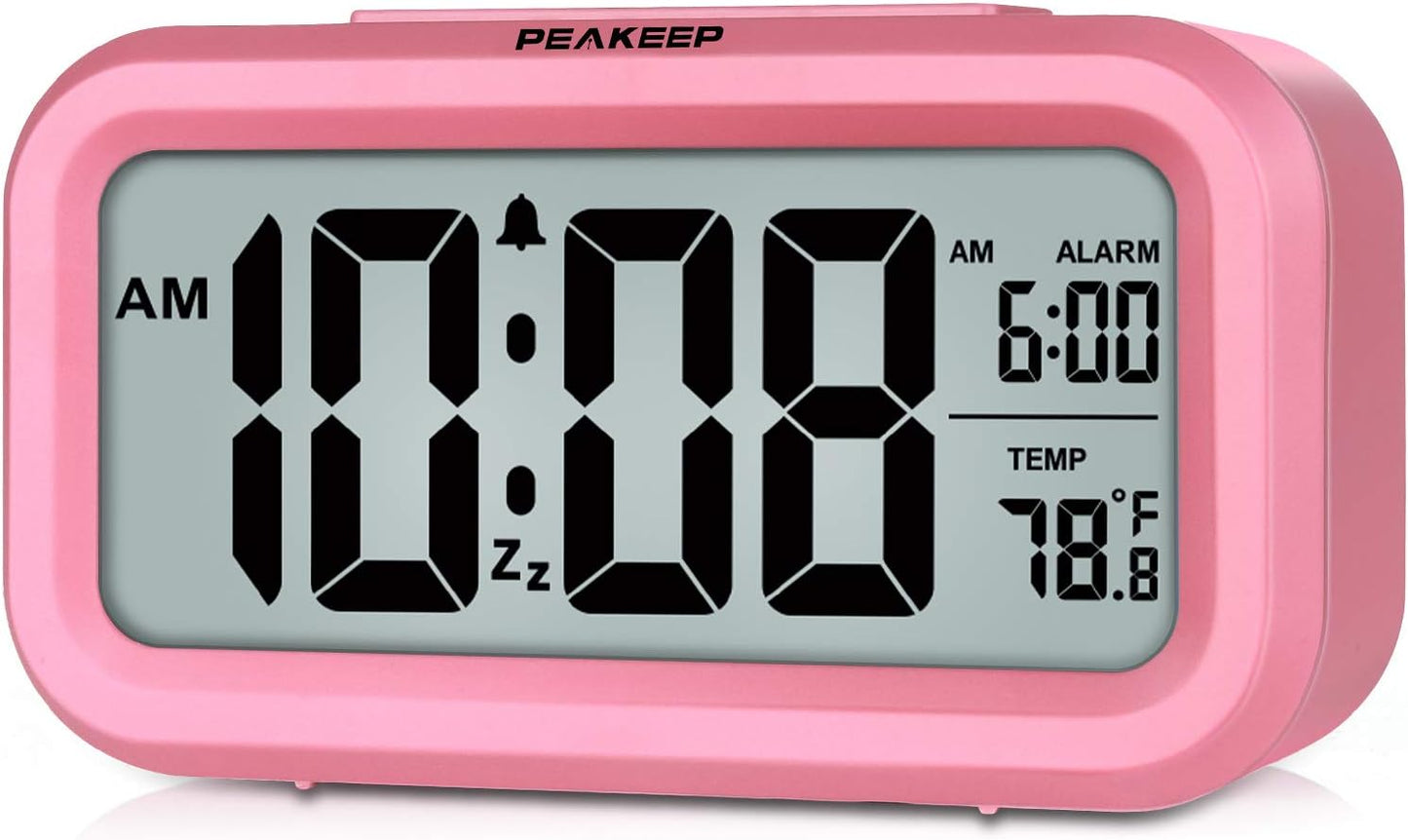 Peakeep Night Light Alarm Clock Battery Operated with Indoor Temperature, Desk Digital Clock for Kids Girls Bedrooms (Pink)