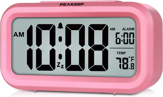 Peakeep Night Light Alarm Clock Battery Operated with Indoor Temperature, Desk Digital Clock for Kids Girls Bedrooms (Pink)