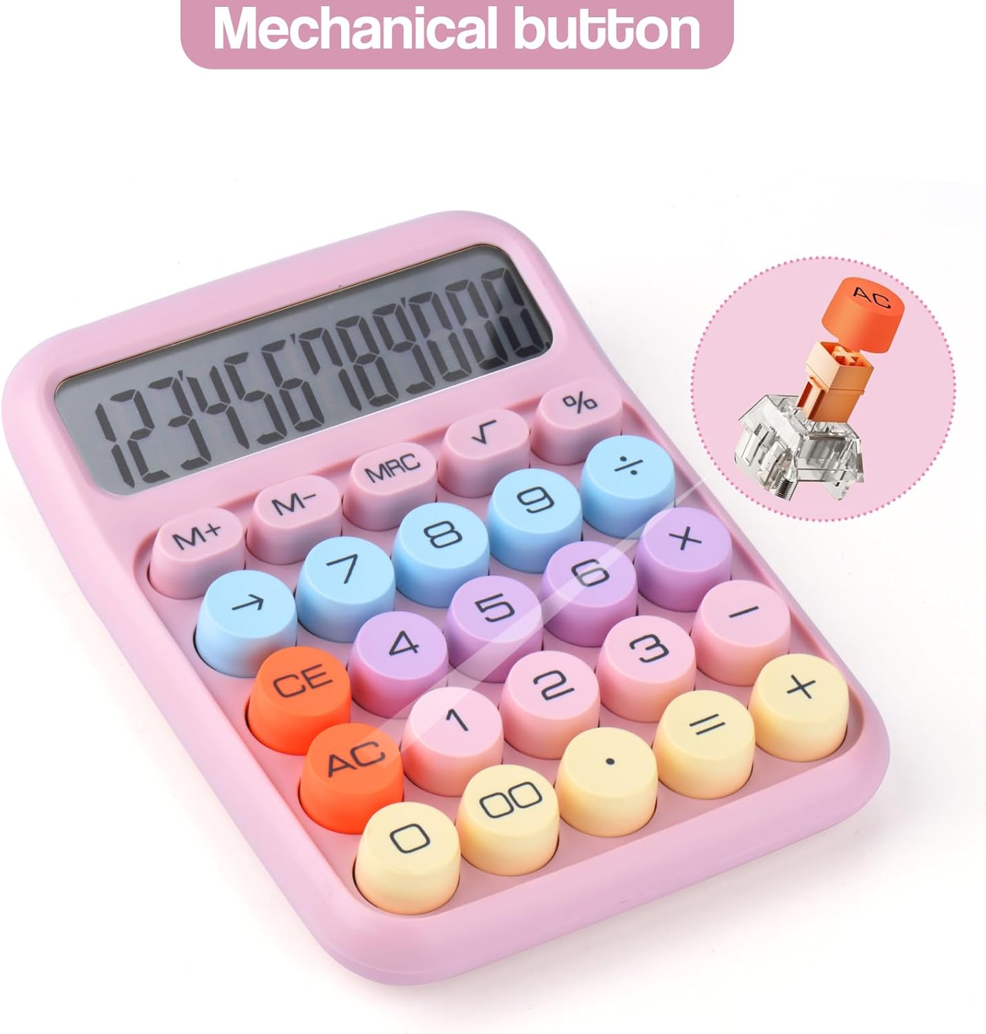 Mechanical Pushbutton Calculator,12 Digit Large LCD Display,Big Buttons Easy to Press,Colorful Candy Calculator,Automatic Sleep,with Battery.for Office,School, Home. (Pink)