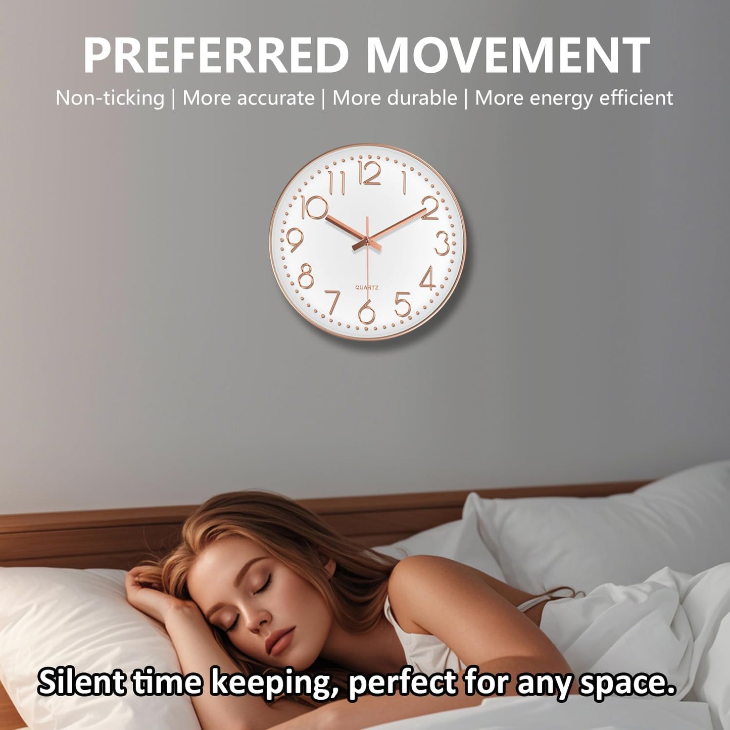 Silent Wall Clocks Battery Operated 8 Inch, Analog Wall Clock with Oversized Number Tempered Glass Clock Face, Rose Gold Quartz Non Ticking Wall Clocks for Living Room Bedroom Kitchen Office