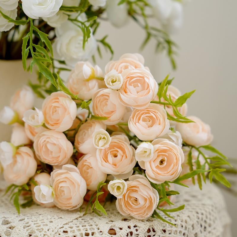Artificial Ranunculus Flowers Cream Peach Faux Silk 20Pcs Artificial Flowers Bouquet for Home Decor Wedding DIY Gifts