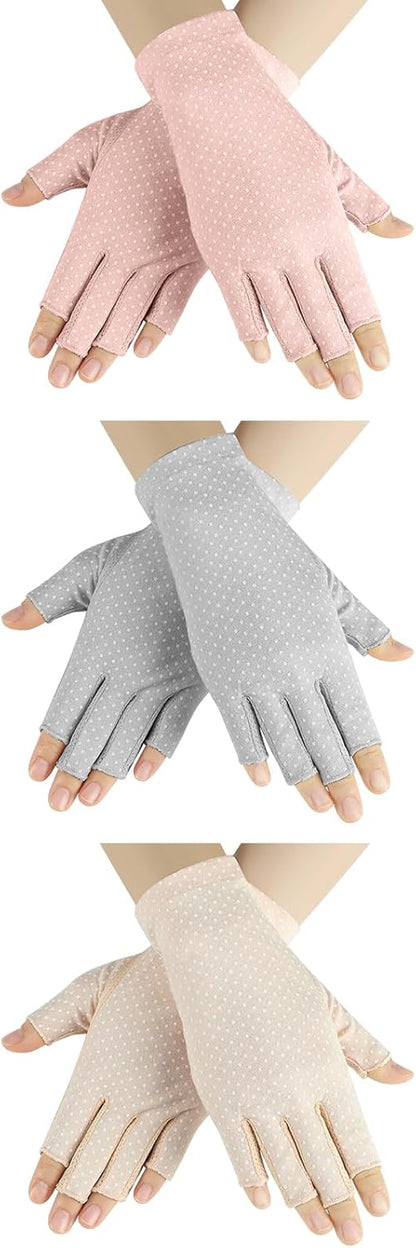 Senkary 3 Pairs Sun UV Protection Gloves Non Slip Cotton Fingerless Driving Biking Sunscreen Nail Manicure Gloves for Women