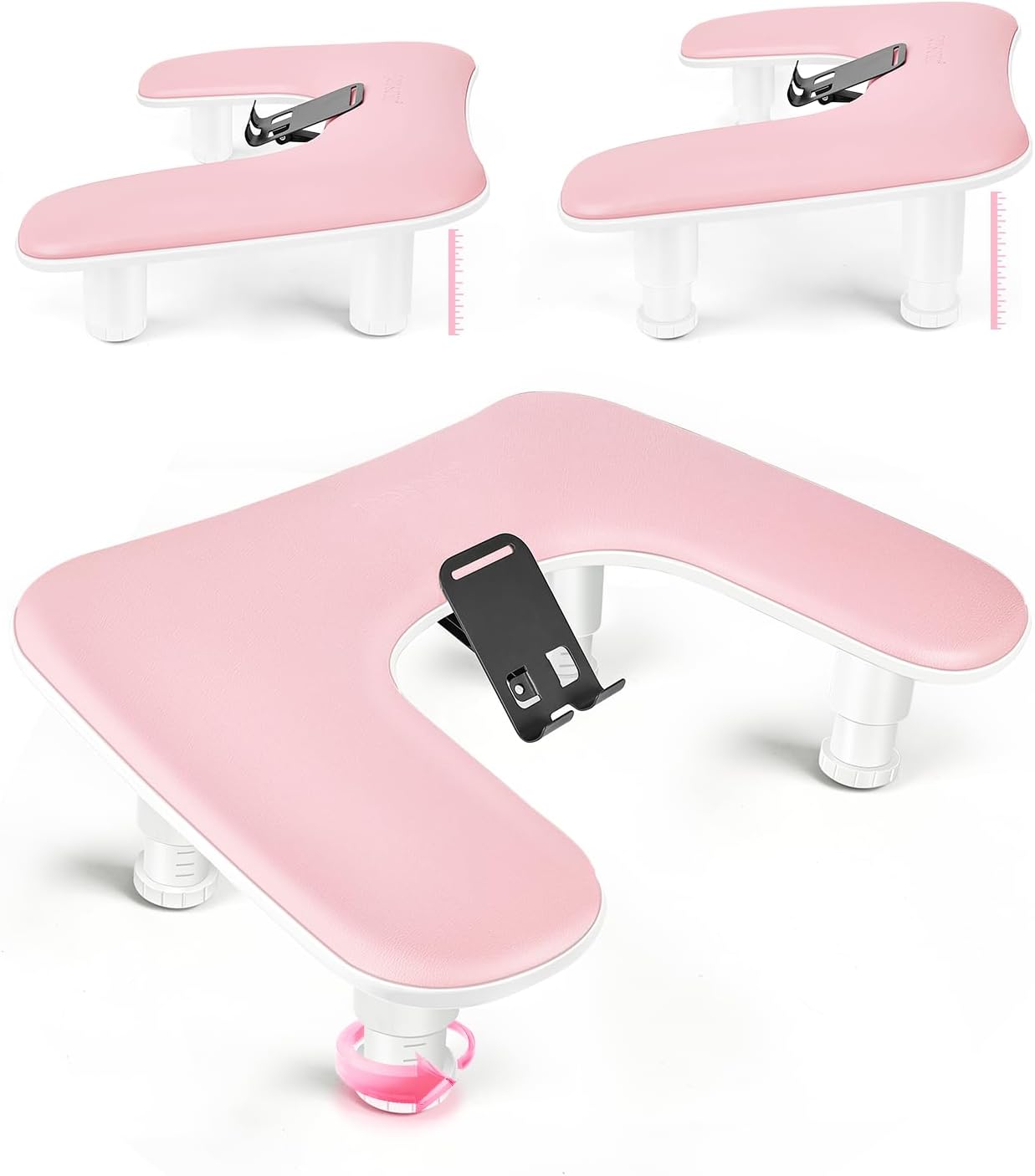 JODSONE Pink U-Shaped Manicure Arm Rest for Nails Tech with Rotating 360°Built-In Phone Holder and Adjustable Nail Arm Rest Detachable Manicure Hand Rest for Salon Design