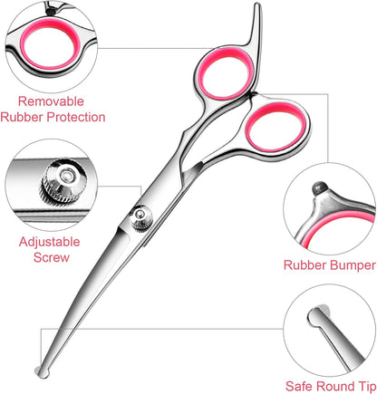 FAIGEO Dog Grooming Scissors Kit, Premium Stainless Steel Dog Shears with Curved Shears, Sharp Durable for Dogs Cats+Pink 4 Piece