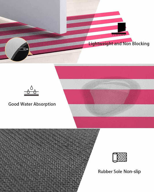 Pink Striped Bath Mat for Tub,Modern Simple Monochrome Geometric White Non Slip Bathroom Floor Runner Rug Quick Dry & Absorbent Diatomaceous Earth Shower Sink Bedroom Kitchen Doormat 16"x24"